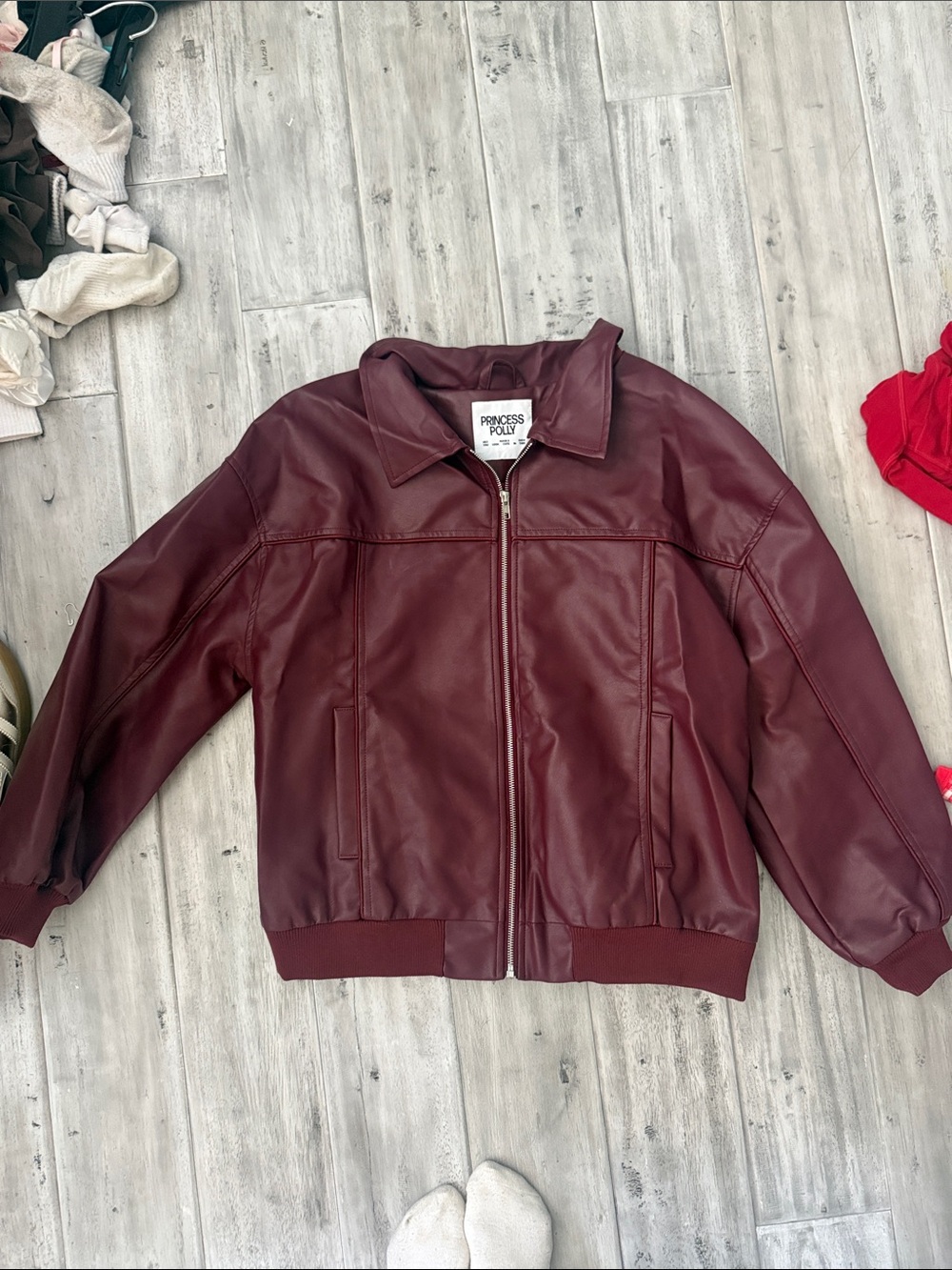Princess Polly Wine Faux Leather Zip-Up Bomber Jacket